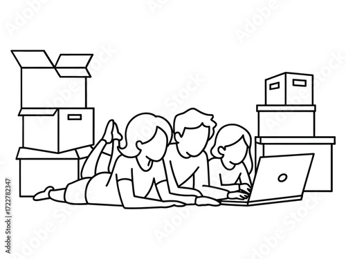 Family using laptop surrounded by moving boxes