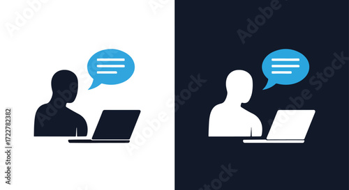 Person interacting with laptop showing speech bubble communication icon design