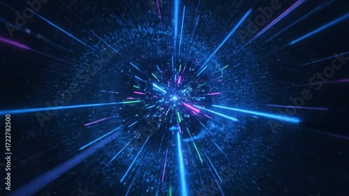 Futuristic stream of neon rays with glowing particle trails. Optical fiber data signals for AI, technology, big data, global communication, and digital network backgrounds.