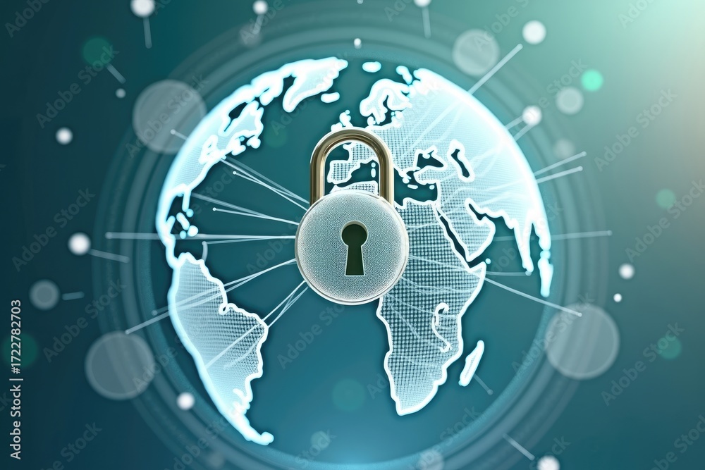 Fototapeta premium A digital globe with an open padlock floating in front representing global network protection concept
