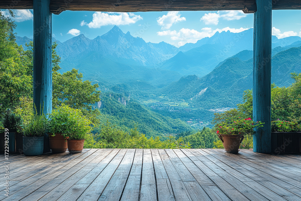 Fototapeta premium Mountains in the background with a wooden deck in the foreground.