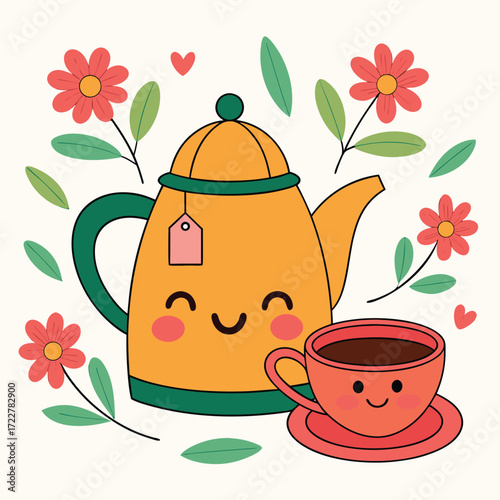 Vector art of cute cartoon teapot and cup with a happy face, surrounded by flowers and leaves, isolated on a