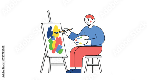 Illustration of a seated artist painting on a canvas with various colors with minimalist style art work for advertising and more