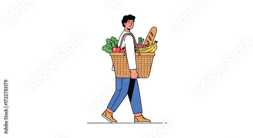 Stylized illustration of a man carrying a wicker basket filled with fresh groceries on white background