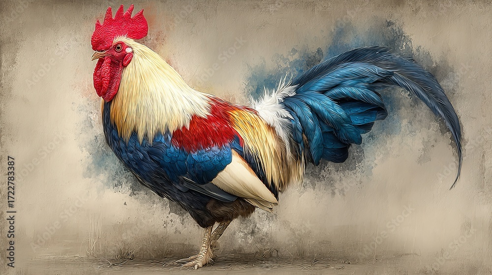 Fototapeta premium Rooster with red white and blue feathers stands against a neutral background.
