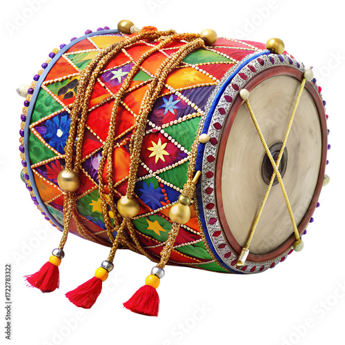 Colorful dholak, a traditional indian percussion instrument, isolated on transparent background decorative drum with vibrant embroidery and tassels