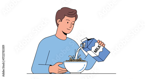 Illustration showcasing a young man's morning routine preparing a bowl of cereal and pouring milk with a simple design