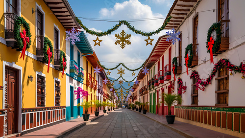 Fototapeta Naklejka Na Ścianę i Meble -  A view of the main street with traditional colonial architecture. Houses with brightly colored facades line the street, and festive decorations hang above them. Christmas wreaths hang on the walls, cr