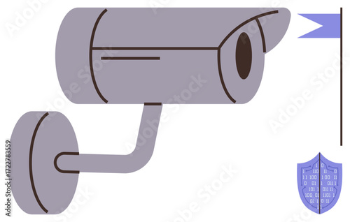 Mounted security camera focused on a shield emblem featuring binary code and a flag icon. Ideal for security, monitoring, privacy, surveillance, digital safety, technology, cyber defense. Simple flat