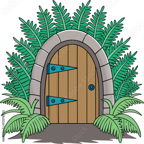 Vector art of enchanted wooden door with stone archway and lush green foliage, fantasy illustration