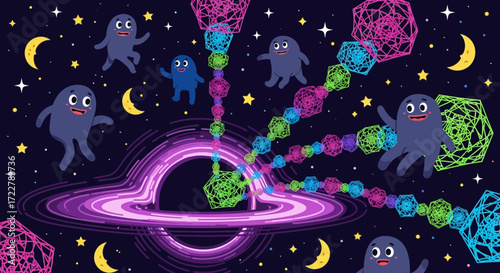 Cartoon Black Hole with Colorful Cubes and Monster Characters.