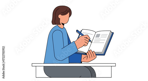 Illustration of a person writing in a notebook, capturing the essence of reflection and knowledge pursuit