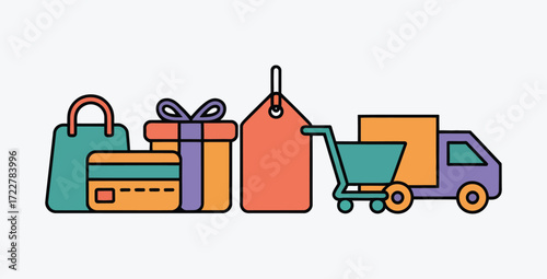 Colorful online shopping elements with delivery and e commerce concept
