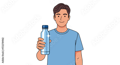 Man's advocacy for hydration: Presenting a clean, reusable water bottle, promoting wellness and an eco-conscious sustainable choice for daily liquid