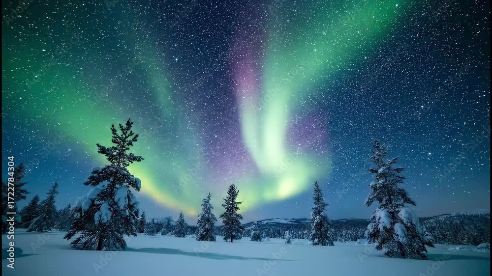Aurora borealis night sky landscape with snow covered pine trees winter ...