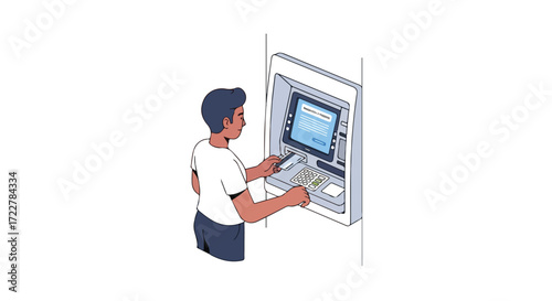 Depiction of a man interacting with an automated teller machine for financial transactions convenience banking, simplified color palette