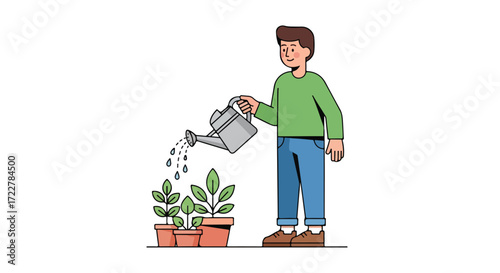 Illustration of a Young Man Watering Plants in Pots with a Watering Can Depicting Gardening and Cultivation Practices