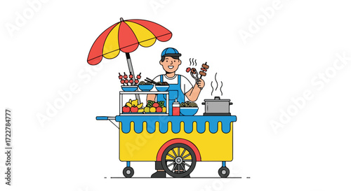 Animated street food vendor cheerfully preparing skewers at a colorful cart illustration showcasing local cuisine and entrepreneurship for street