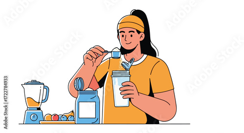 Sporty woman preparing protein shake with blender and fresh fruits for a healthy lifestyle nutrition and fitness diet routine preparation at home