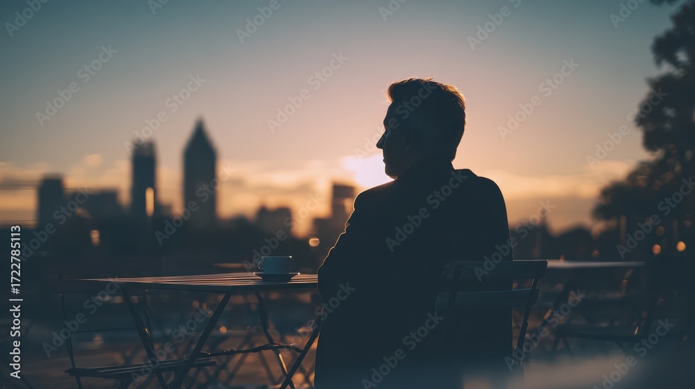 Fototapeta premium A silhouette of a man sitting outdoors, reflecting on life against a beautiful sunset skyline.