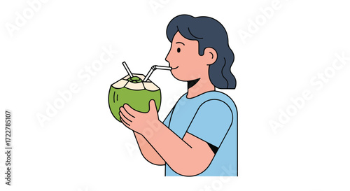 Refreshing delight illustration: woman sipping the invigorating sweetness of tropical coconut refreshment in simplistic vector style depiction