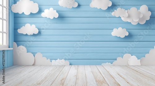 Light blue room with white paper clouds on walls and white-washed wooden floor