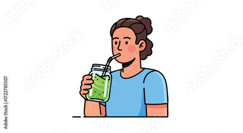 Woman enjoying a refreshing green smoothie from a jar, promoting a healthy lifestyle and well being through nutrition and vibrant drink choices