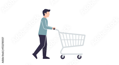 Minimalist illustration of a man pushing an empty shopping cart towards future purchases, ready to start a retail journey and stock up on necessities