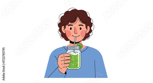 Cheerful young person enjoying a refreshing green smoothie for a vibrant and healthy lifestyle illustration