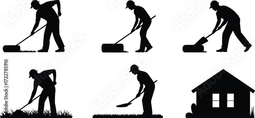 silhouette workers mowing lawn with roller, raking grass and gardening near house, outdoor yard maintenance, landscape care illustration for residential garden design