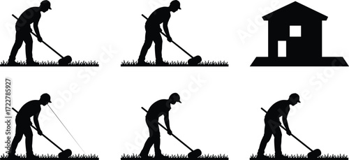 silhouette workers trimming lawn grass with garden tools, landscaping maintenance near house, outdoor yard care illustration, gardener cutting grass for residential landscape design