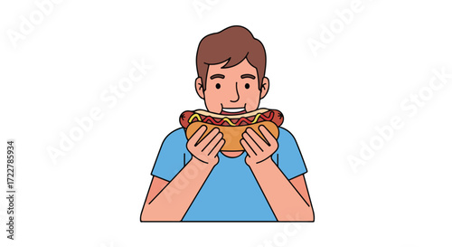 A young man gazes happily while holding a flavorful hot dog with mustard and ketchup toppings ready to eat and enjoy the tasty meal