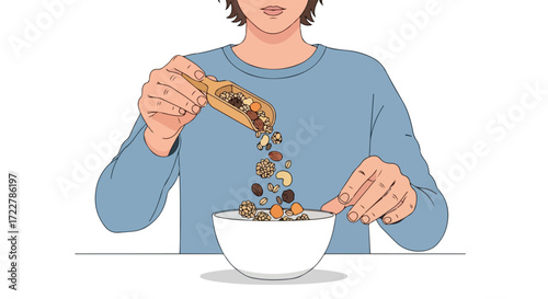 Illustration of person preparing a healthy breakfast with granola, nuts and seeds from a wooden scoop into a white bowl on a minimalist background