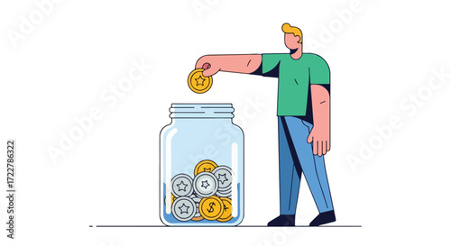 Person saving coins in a jar, representing financial planning and investment strategies for the future, savings accumulating for a defined goal