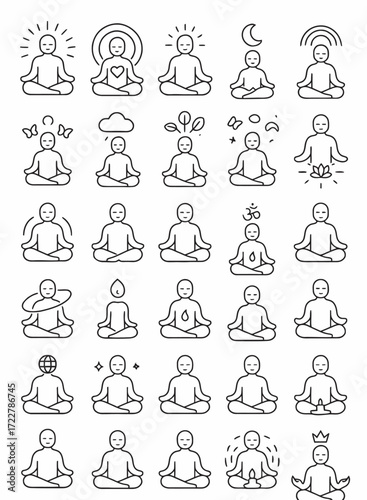 Set of simple vector line art of people meditating, in lotus position with varying aura shapes