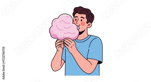 A delighted young man enjoying a fluffy pink cotton candy treat with wide eyes and a happy expression conveying a sense of pure sugary enjoyment