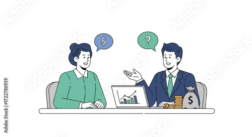 Financial consultation discussion featuring an advisor providing investment advice and financial planning to a client in a meeting for business