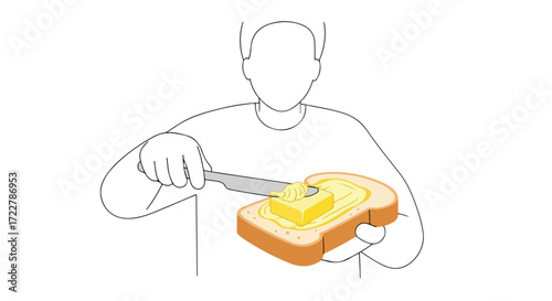 Sketch illustration of a person spreading butter on a slice of bread for a simple breakfast creation in a bright and minimal scene