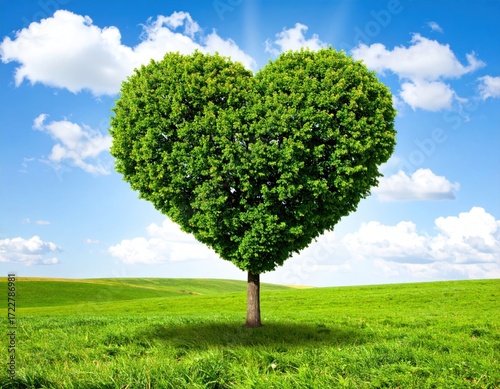 Heart-shaped tree stands on green field beneath blue sky with fluffy clouds and bright sunlight. Serene, peaceful, symbolizing love, nature