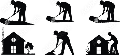 silhouette gardeners landscaping home yard, workers rolling lawn grass, garden maintenance with trees and houses, outdoor green space care, residential landscape design illustration