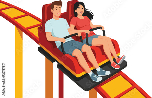 Cartoon Amusement Icons Featuring Man and Woman Riding Roller Coaster, Thrill Mood, Entertainment Theme, and Park Adventure Scene