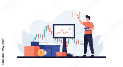Financial advisor presenting positive investment growth strategies and market analysis with rising stock charts and monetary gains focus illustration