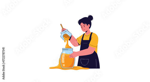 Illustration depicting a woman carefully transferring honey into a jar, showing the natural process and potential messiness of food preparation in a