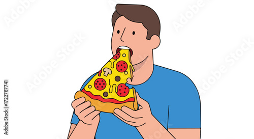 Cartoon man devouring a scrumptious slice of pizza with visible melted cheese and topping detail depicting culinary enjoyment and casual indulgence