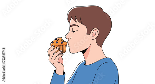 A Man's Delight: An Illustration of Simple Joy and Gratification Holding and Smelling a Delectable Muffin Moment of Culinary Contentment