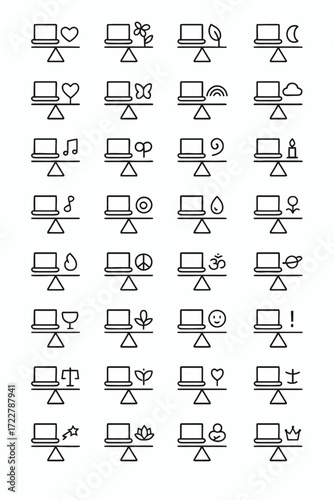 Vector line icon collection illustrating the concept of work-life balance, comparing a laptop with various lifestyle and wellness symbols on a scale