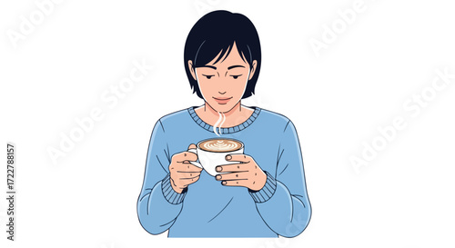 A serene moment illustration of a person enjoying a warm beverage with artistic design in a blue sweater against clean background emphasizing a