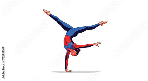 Dynamic gymnastics pose illustration portraying flexibility strength and balance with vibrant red and blue costume against white background