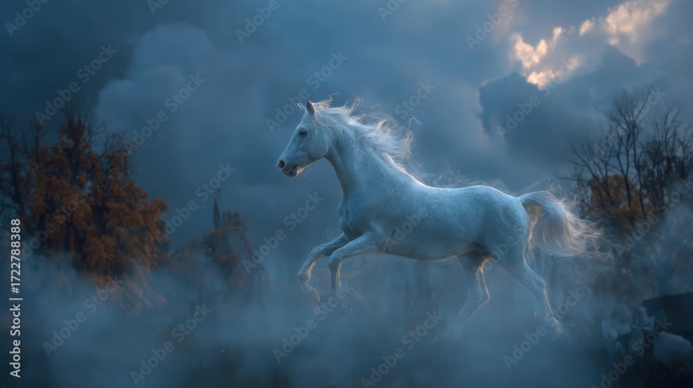 Fototapeta premium Majestic white horse gallops through a misty landscape at twilight hour