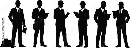 silhouette engineers architects supervisors in suits with helmets, business construction managers holding clipboards, professional team reviewing project plans, architecture and construction industry 